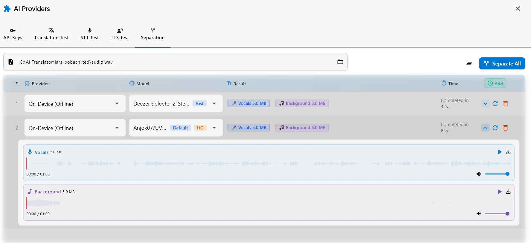 AI Video Translator Separation Test splitting audio into vocals and background on-device, comparing Deezer Spleeter 2-Stems (fast) against Anjok07 UVR-MDX-NET (HQ) with playable waveforms.