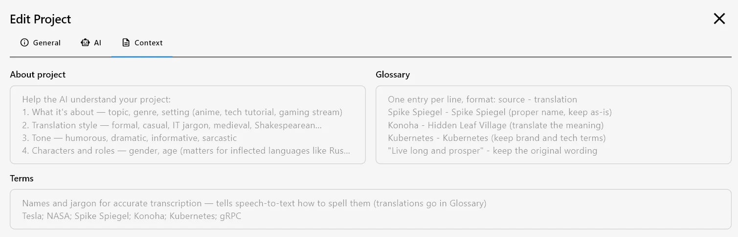 AI Video Translator project context tab with about-project style hints, a translation glossary, and a terms list that keeps names and jargon accurate.