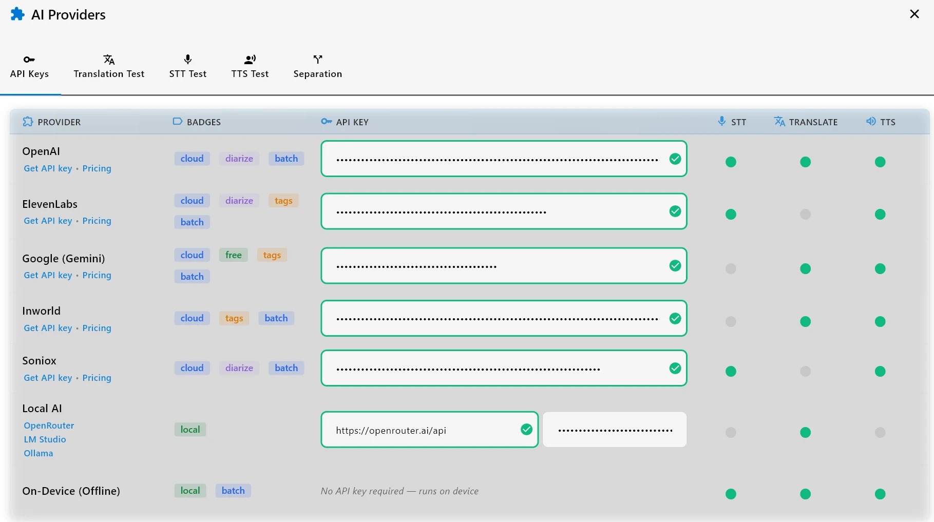 AI Video Translator AI Providers settings: API keys and STT, translation and TTS capability badges for OpenAI, ElevenLabs, Google Gemini, Inworld, Soniox, Local AI and On-Device models.