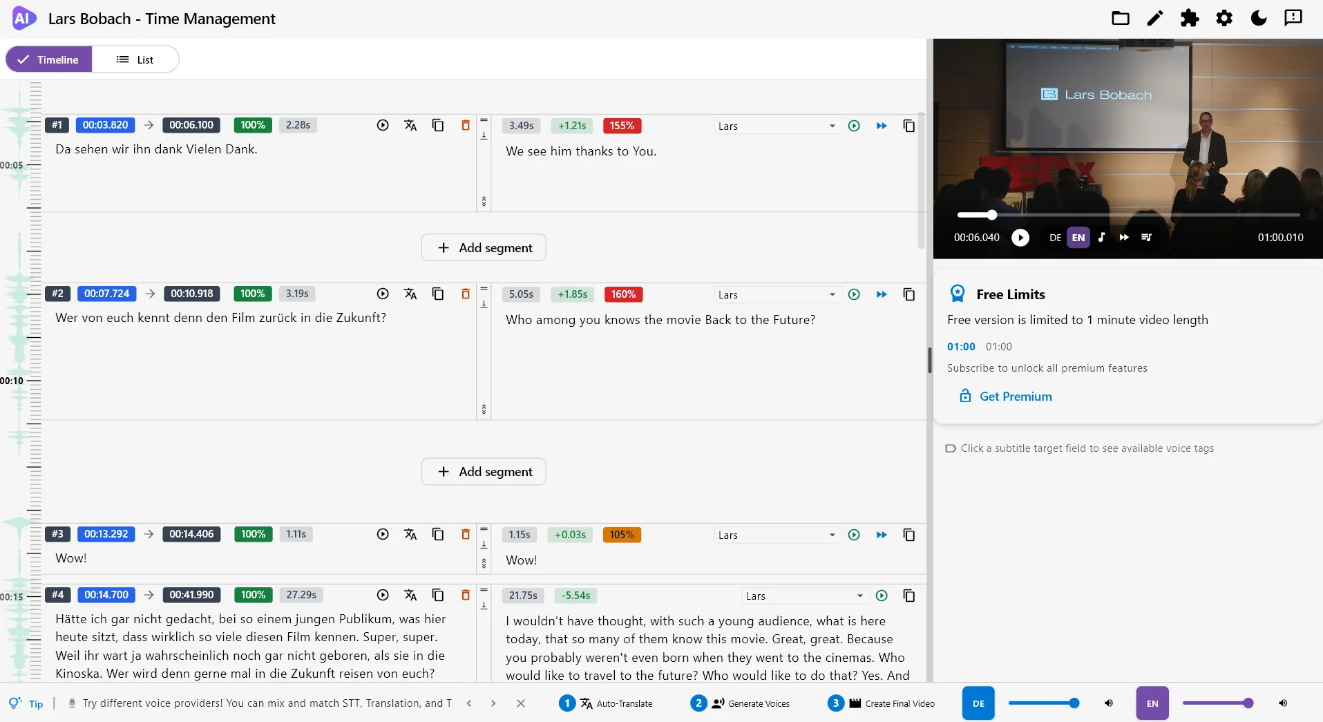 AI Video Translator segment editor showing German-to-English dubbing segment by segment, with per-segment confidence scores, speed warnings, and a live video preview.